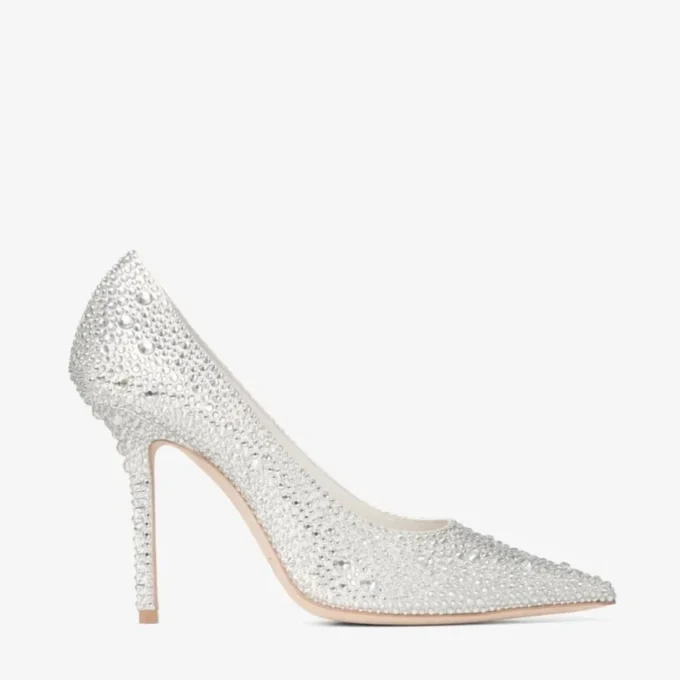 Love 100 pumps i elfenbensfärgad satin med kristallprydnader Love 100 pumps i elfenbensfärgad satin med kristallprydnader