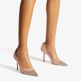 Love 85 Ballettrosa pumps i mesh med spetsig tå och DéGradé-kristaller