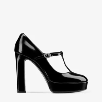 Marene Mary Jane 120 svarta pumps i polerat kalvskinn med kristallspänne