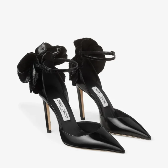 Marja 100 svarta pumps i mjukt spazzolato-läder med kort glitterkorsett