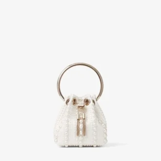 Micro Bon Bon mini-väska i elfenbensfärgad satin med pärlor över hela ytan