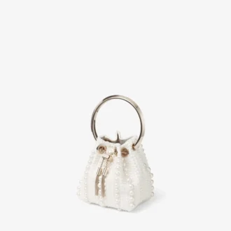Micro Bon Bon mini-väska i elfenbensfärgad satin med pärlor över hela ytan