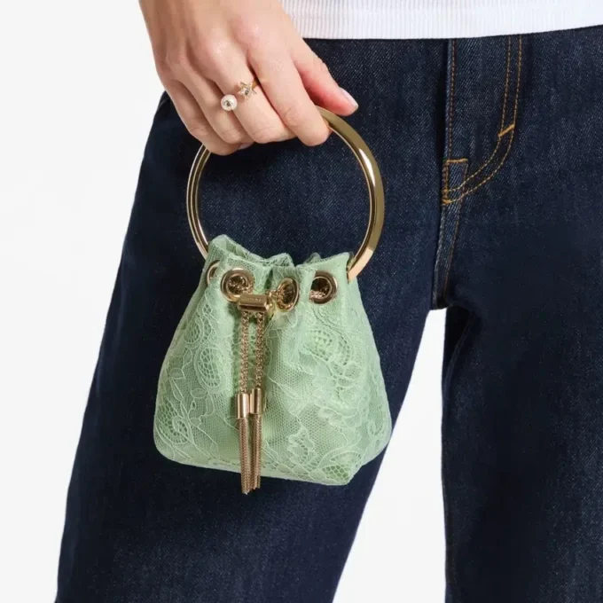 Micro Bon Bon Verde Satin och Jimmy Choo Lace Mini Bucket Bag
