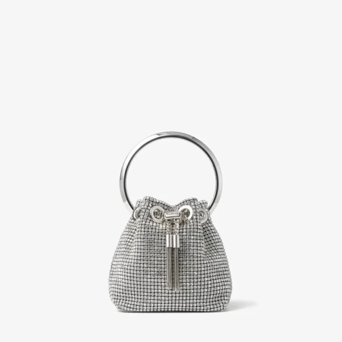 Micro Bon Bon-väskan i silverkristallnät med metallhandtag Micro Bon Bon-väskan i silverkristallnät med metallhandtag