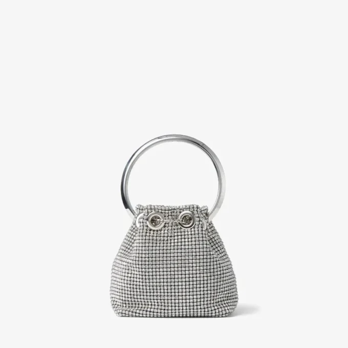 Micro Bon Bon-väskan i silverkristallnät med metallhandtag Micro Bon Bon-väskan i silverkristallnät med metallhandtag