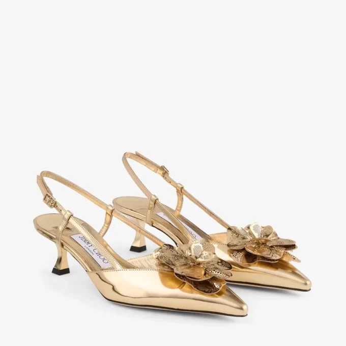 Mimmi  Sling Back 50 Guldfärgade slingbacks i Liquid Metal-läder med perforerad jimmy choo-korsett