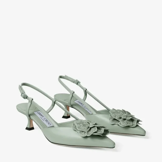 Mimmi Sling Back 50 Verde Slingbacks i glänsande nappaläder med jimmy choo-korsage i perforerat nappaläder