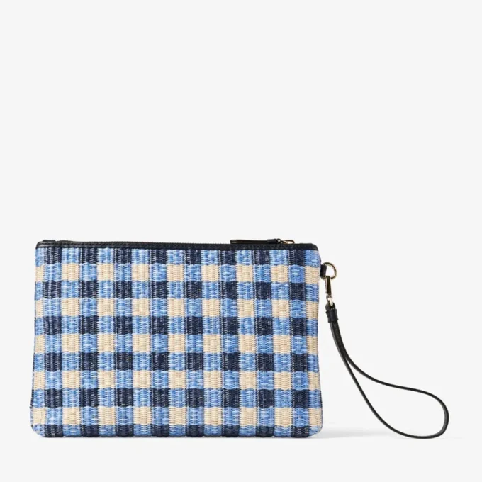 Platt väska med dragkedja Raffia-väska med dragkedja i marinblått och ecru-rutigt Platt väska med dragkedja Raffia-väska med dragkedja i marinblått och ecru-rutigt
