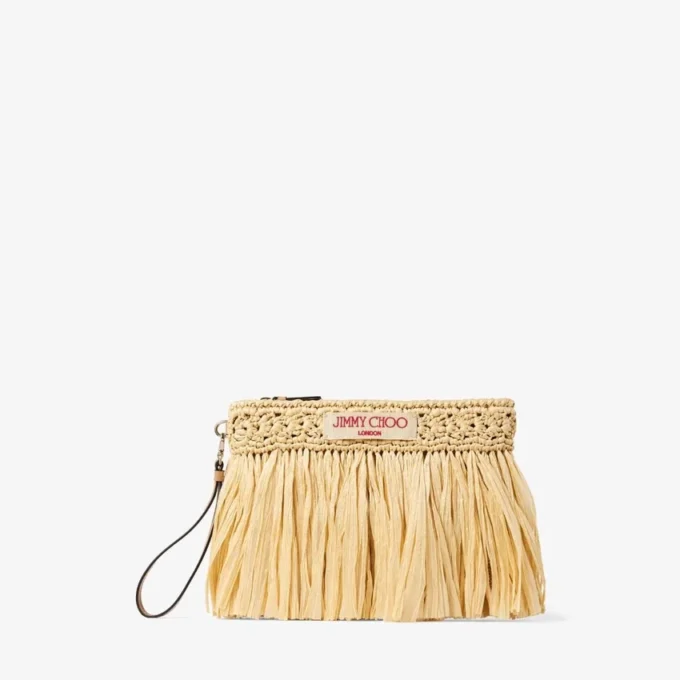 Platt väska med dragkedja Vävd raffia i natur och ljusguld med dragkedja och fransar Platt väska med dragkedja Vävd raffia i natur och ljusguld med dragkedja och fransar