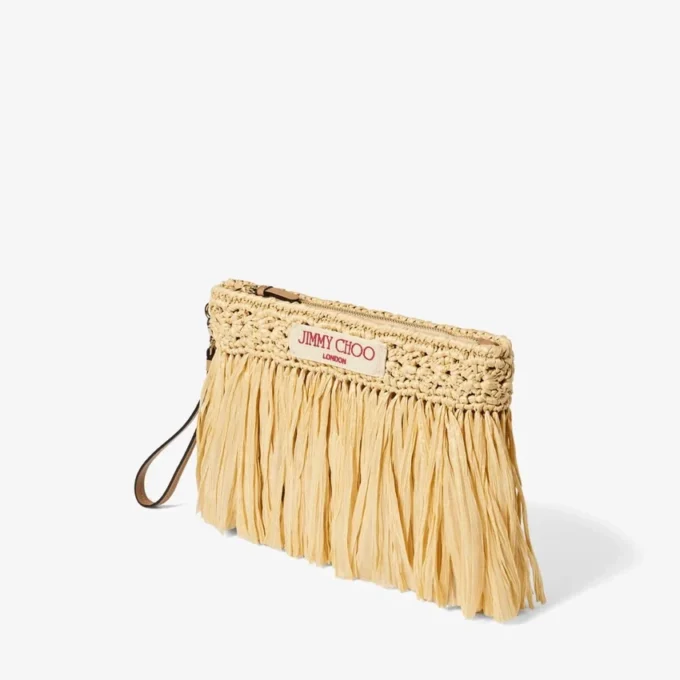 Platt väska med dragkedja Vävd raffia i natur och ljusguld med dragkedja och fransar Platt väska med dragkedja Vävd raffia i natur och ljusguld med dragkedja och fransar