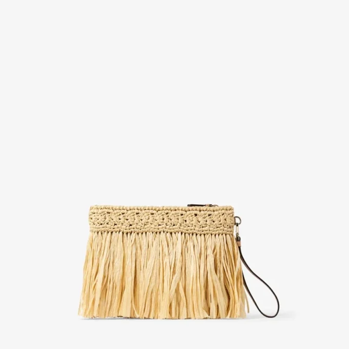 Platt väska med dragkedja Vävd raffia i natur och ljusguld med dragkedja och fransar Platt väska med dragkedja Vävd raffia i natur och ljusguld med dragkedja och fransar