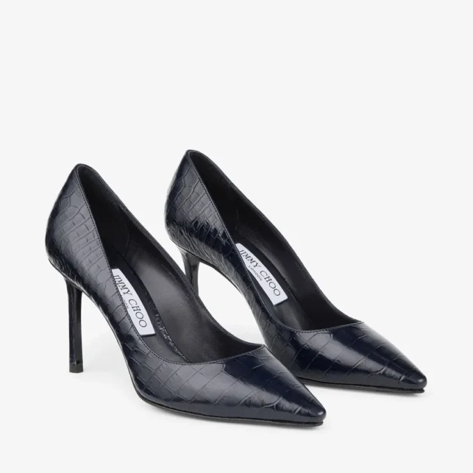 Romy 85 pumps i marinblått läder med krokodilprägling