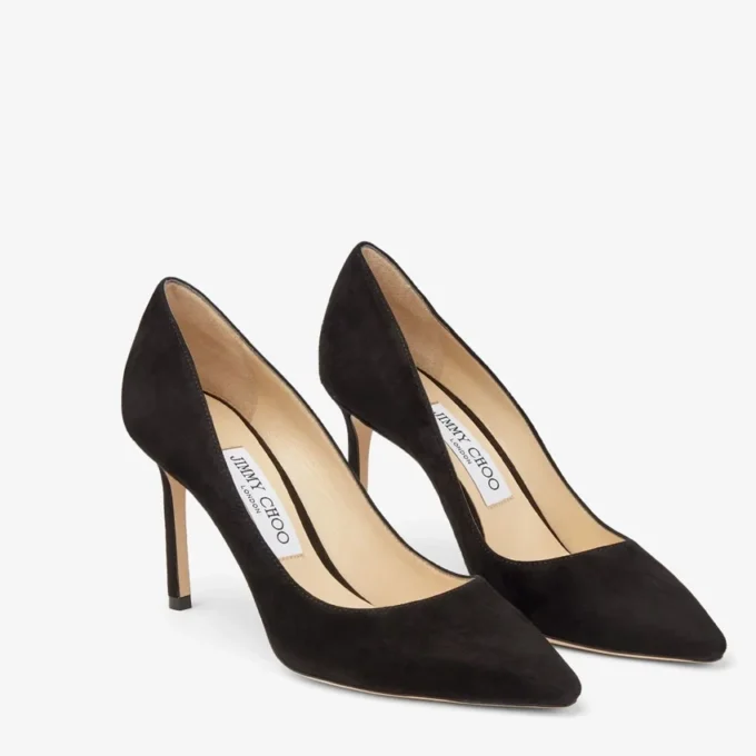 Romy 85 svarta spetsiga pumps i mocka Romy 85 svarta spetsiga pumps i mocka