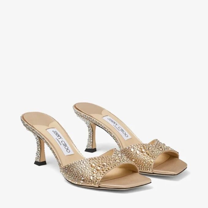Skye 70 sandaler i guldfärgad satin med kristaller