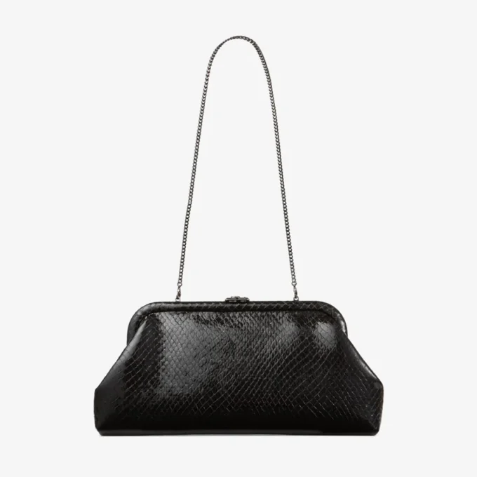 Skylar svart glänsande clutch i läder med ormmönster och fyrkantigt JC-spänne