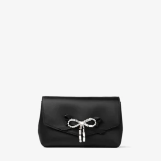 Soft Bow Mini Bag Svart satinminiväska med kristallrosett