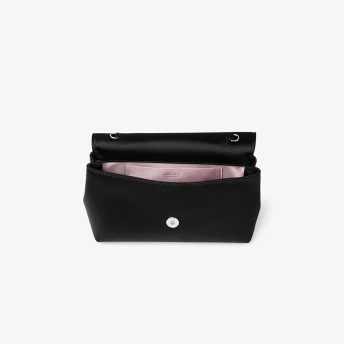 Soft Bow Mini Bag Svart satinminiväska med kristallrosett