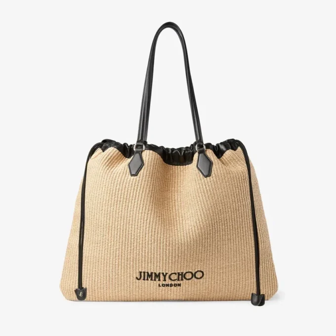 Stor naturfärgad mjuk raffia-tote med dragsko och detaljer i slätt kalvskinn