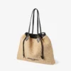 Stor naturfärgad mjuk raffia-tote med dragsko och detaljer i slätt kalvskinn