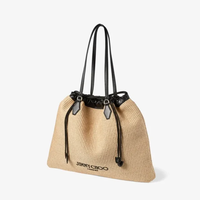 Stor naturfärgad mjuk raffia-tote med dragsko och detaljer i slätt kalvskinn