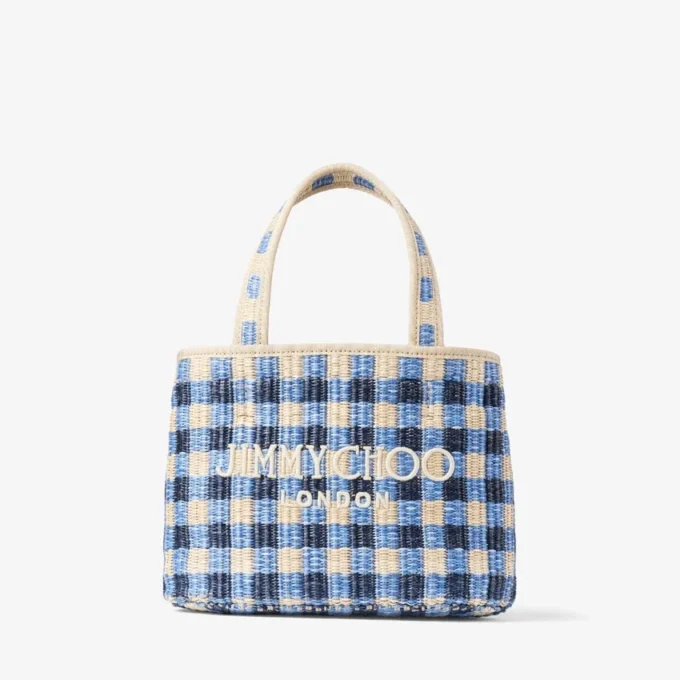 Strandväska East-West Mini Marine Mix och Ecru Gingham Raffia Mini Beach Top Handle Tote Bag Strandväska East-West Mini Marine Mix och Ecru Gingham Raffia Mini Beach Top Handle Tote Bag