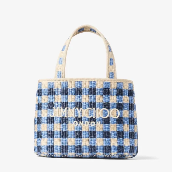 Strandväska East-West Mini Marine Mix och Ecru Gingham Raffia Mini Beach Top Handle Tote Bag Strandväska East-West Mini Marine Mix och Ecru Gingham Raffia Mini Beach Top Handle Tote Bag