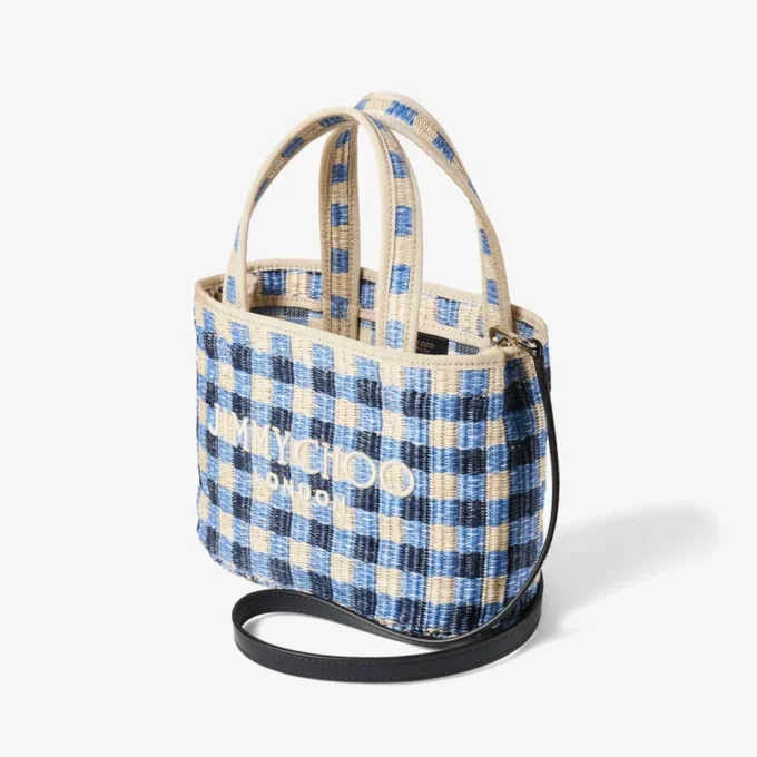 Strandväska East-West Mini Marine Mix och Ecru Gingham Raffia Mini Beach Top Handle Tote Bag Strandväska East-West Mini Marine Mix och Ecru Gingham Raffia Mini Beach Top Handle Tote Bag