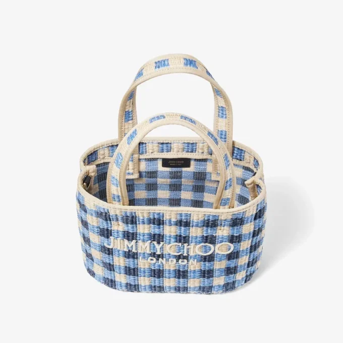 Strandväska East-West Mini Marine Mix och Ecru Gingham Raffia Mini Beach Top Handle Tote Bag Strandväska East-West Mini Marine Mix och Ecru Gingham Raffia Mini Beach Top Handle Tote Bag