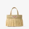 Strandväska East-West Mini Naturfärgad och ljusguldvävd raffia-ministrandväska med fransar