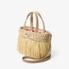 Strandväska East-West Mini Naturfärgad och ljusguldvävd raffia-ministrandväska med fransar