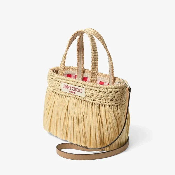 Strandväska East-West Mini Naturfärgad och ljusguldvävd raffia-ministrandväska med fransar