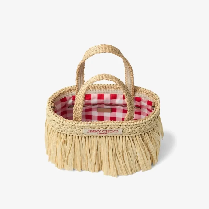 Strandväska East-West Mini Naturfärgad och ljusguldvävd raffia-ministrandväska med fransar