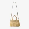 Strandväska East-West Mini Naturfärgad och ljusguldvävd raffia-ministrandväska med fransar