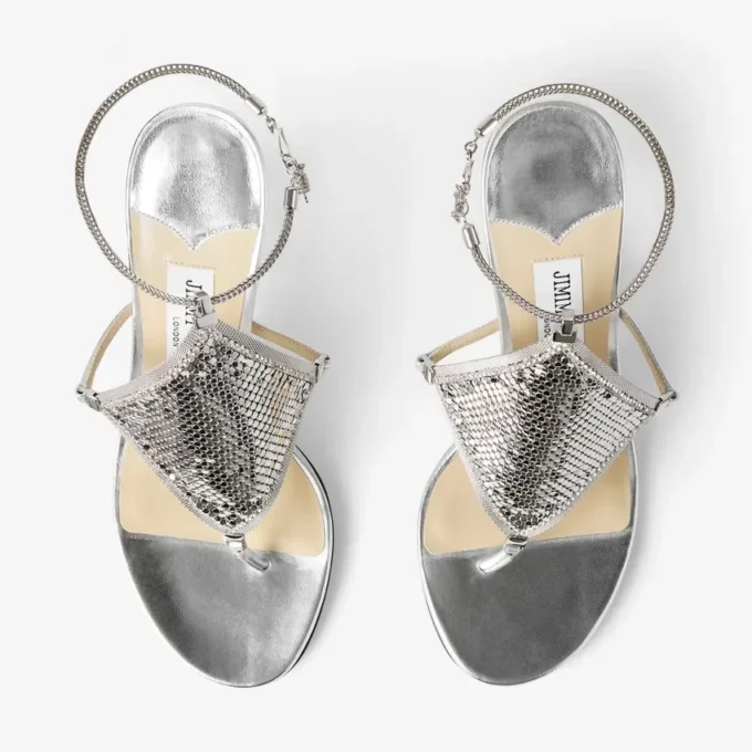 Tåremssandaler i metalliskt nappaläder med metallnät