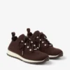 Veles chokladbruna sneakers i melerad kashmirstickning med pärlknappar
